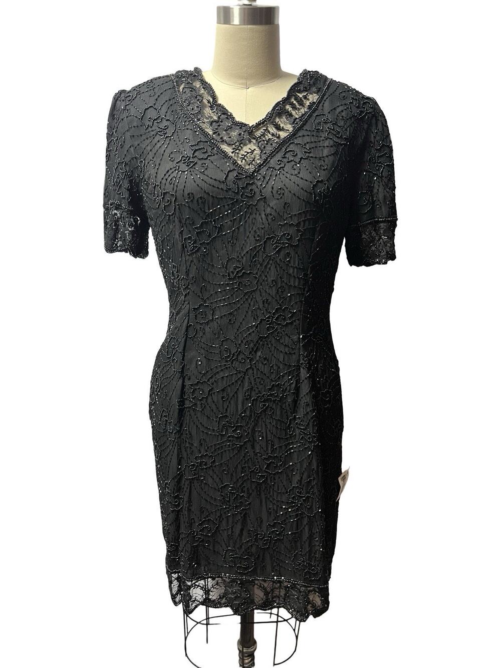 Stenay Black Beaded Lace Floral Sheath Midi Dress V-Neck Short Sleeve Size S NWT